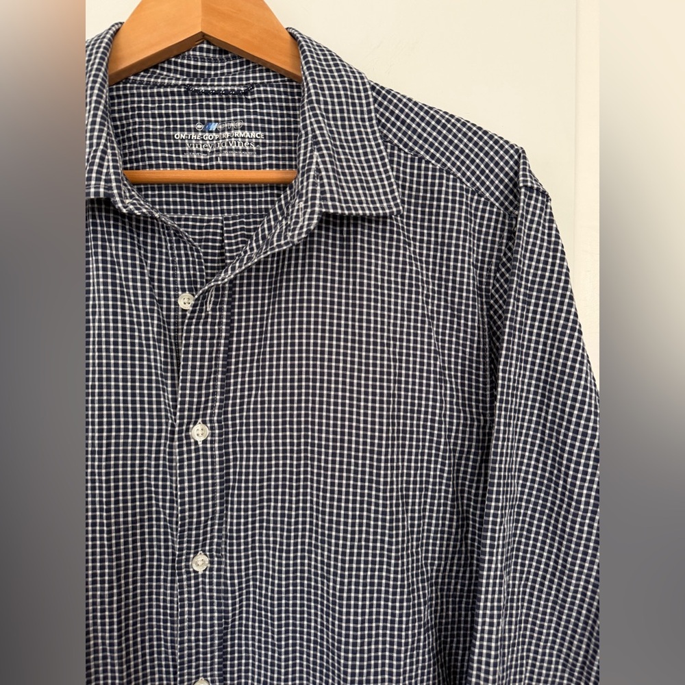 Vineyard Vines On-The-Go Performance Shirt Navy Gingham EUC - Large
